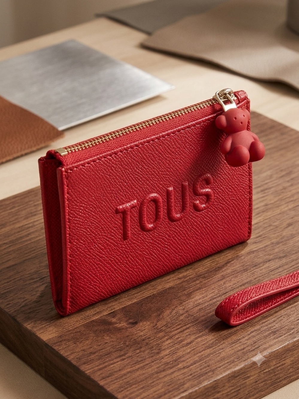 Tous Red Embossed Saffiano Card Pouch with Charm